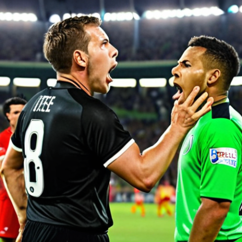 Home 14 Heated On-Field Confrontation**
Two male professional football players, wearing contrasting team kits, are face-to-face on a vibrant green pitch, shouting aggressively at each other. Their expressions are intense and furious, with veins visible on their necks. A referee, in a black uniform, is positioned between them, attempting to separate them with outstretched arms. The background shows blurred stadium lights and other players, emphasizing the mid-game tension.
**