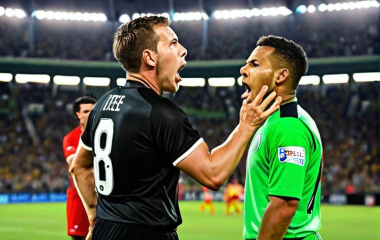 Heated On-Field Confrontation**
Two male professional football players, wearing contrasting team kits, are face-to-face on a vibrant green pitch, shouting aggressively at each other. Their expressions are intense and furious, with veins visible on their necks. A referee, in a black uniform, is positioned between them, attempting to separate them with outstretched arms. The background shows blurred stadium lights and other players, emphasizing the mid-game tension.
**