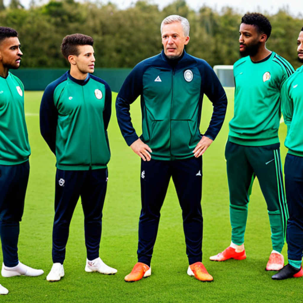 A professional male football club manager, fully clothed in a high-quality team tracksuit, standing on a pristine green training pitch. He is empathetically engaging with a diverse group of fully clothed players in modest training gear, offering encouragement and guidance. The scene captures a moment of team building and mentorship, with players looking attentive and respectful. Perfect anatomy, correct proportions, natural pose, well-formed hands, proper finger count, natural body proportions. Professional photography, sharp focus, vibrant colors, high detail. Safe for work, appropriate content, fully clothed, professional, family-friendly.