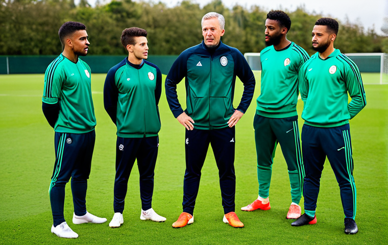 A professional male football club manager, fully clothed in a high-quality team tracksuit, standing on a pristine green training pitch. He is empathetically engaging with a diverse group of fully clothed players in modest training gear, offering encouragement and guidance. The scene captures a moment of team building and mentorship, with players looking attentive and respectful. Perfect anatomy, correct proportions, natural pose, well-formed hands, proper finger count, natural body proportions. Professional photography, sharp focus, vibrant colors, high detail. Safe for work, appropriate content, fully clothed, professional, family-friendly.