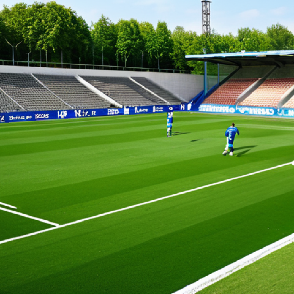 Overview of a Football Field**

"A wide shot of a professional soccer field during a daytime game, green grass, white lines clearly marking the pitch, goalposts visible, fully clothed players in action, safe for work, appropriate content, perfect anatomy, correct proportions, natural pose, high-quality sports photography, professional setting, family-friendly"

**