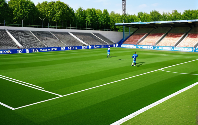 Overview of a Football Field**

"A wide shot of a professional soccer field during a daytime game, green grass, white lines clearly marking the pitch, goalposts visible, fully clothed players in action, safe for work, appropriate content, perfect anatomy, correct proportions, natural pose, high-quality sports photography, professional setting, family-friendly"

**