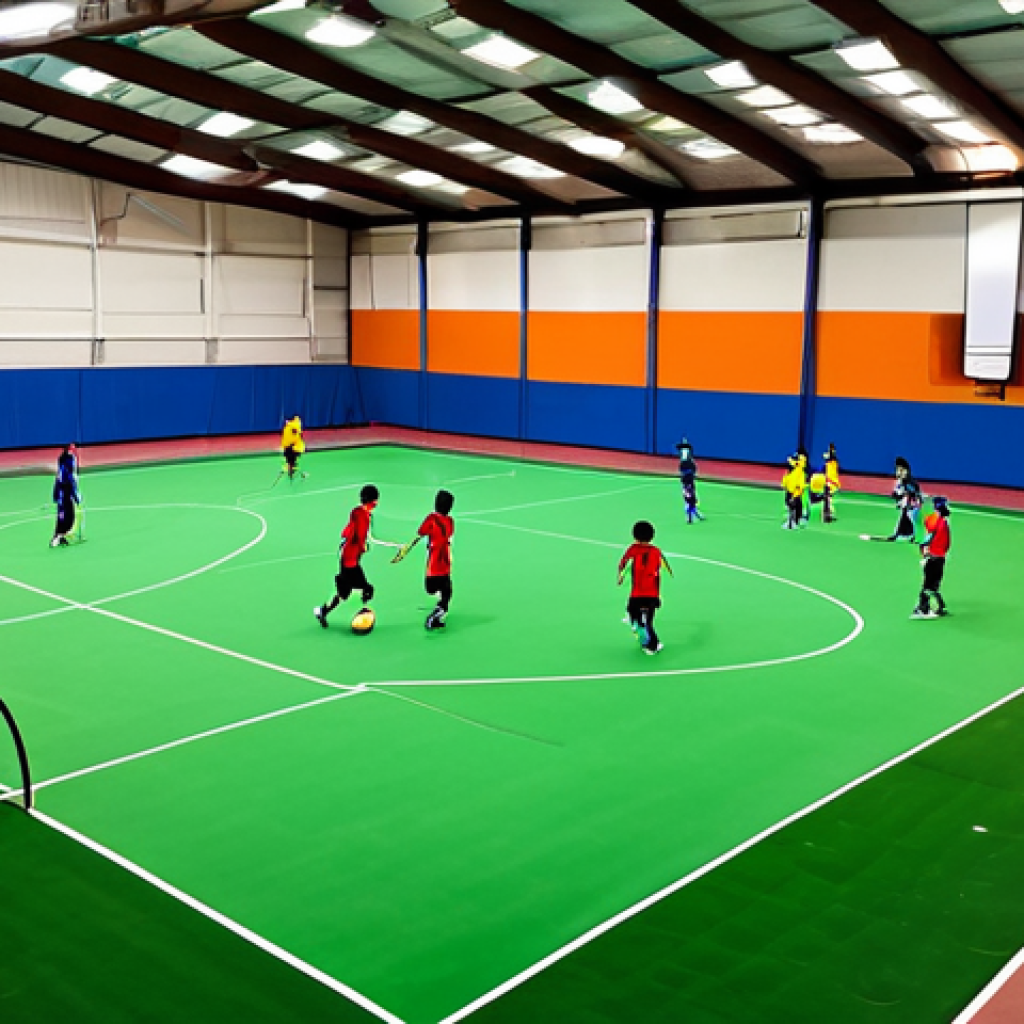 Safe Indoor Futsal Arena**

"A vibrant indoor futsal arena filled with children in appropriate sports attire, fully clothed, playing a friendly game, safe for work. The arena has bright lighting, clean and colorful walls, and a well-maintained artificial turf field. Parents watch from comfortable seating areas. Include safety netting around the perimeter. Perfect anatomy, correct proportions, natural pose, family-friendly, high quality."

**