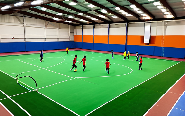Safe Indoor Futsal Arena**

"A vibrant indoor futsal arena filled with children in appropriate sports attire, fully clothed, playing a friendly game, safe for work. The arena has bright lighting, clean and colorful walls, and a well-maintained artificial turf field. Parents watch from comfortable seating areas. Include safety netting around the perimeter. Perfect anatomy, correct proportions, natural pose, family-friendly, high quality."

**