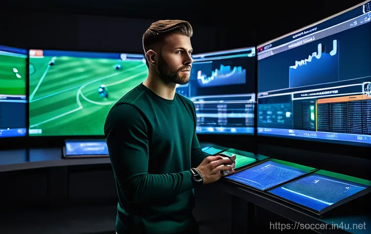 축구 팬을 위한 블로그 운영 팁 - A dynamic, modern football analyst, a male in his late 20s with short, neatly styled hair, is deeply...