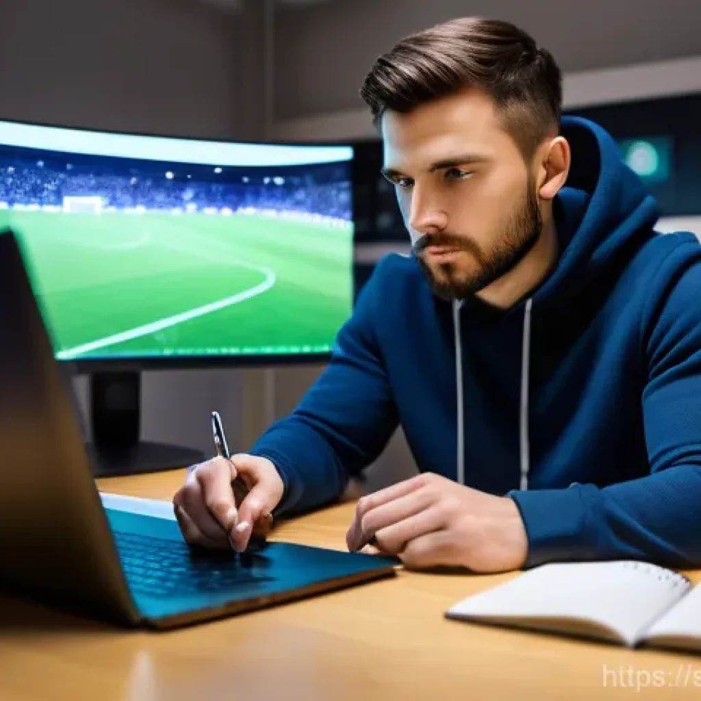 축구 타임라인 작성법 - A focused male or female football analyst, in their late 20s, sitting comfortably at a modern desk. ...