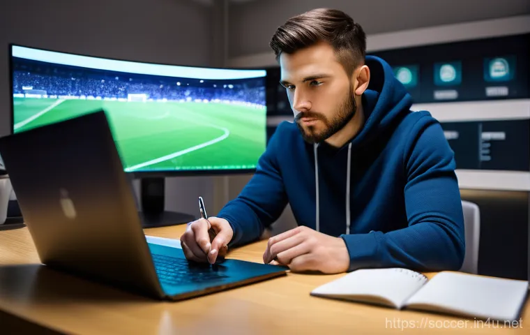 축구 타임라인 작성법 - A focused male or female football analyst, in their late 20s, sitting comfortably at a modern desk. ...