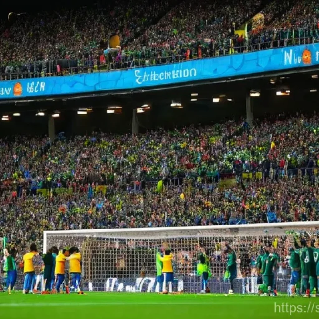 축구 클럽 팬 문화 - **A vibrant, dynamic shot of a packed football stadium during a crucial match.** Thousands of divers...