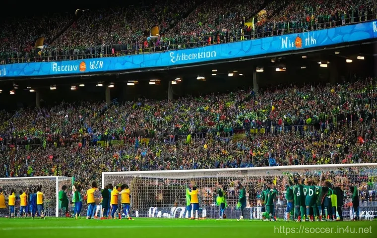 축구 클럽 팬 문화 - **A vibrant, dynamic shot of a packed football stadium during a crucial match.** Thousands of divers...