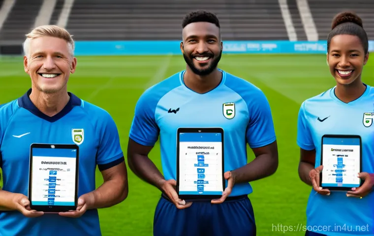 축구 팀 명단 관리 툴 - A diverse group of amateur football players, including men and women of various ages, standing toget...