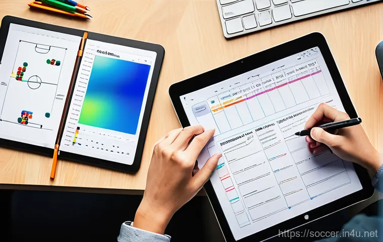 축구 전술 노트 작성법 - A focused individual, either male or female, meticulously writing in a colorful analog football tact...