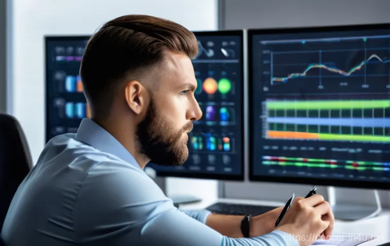 축구 전술 노트 작성법 - A dynamic scene on the sidelines of a vibrant green football pitch. A football coach, looking determ...