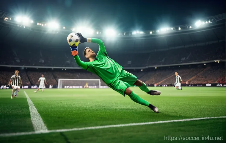 축구 포지션별 특징 - **Prompt 1: Dynamic Goalkeeper Save in a Modern Stadium**
A male soccer goalkeeper, wearing a fu...