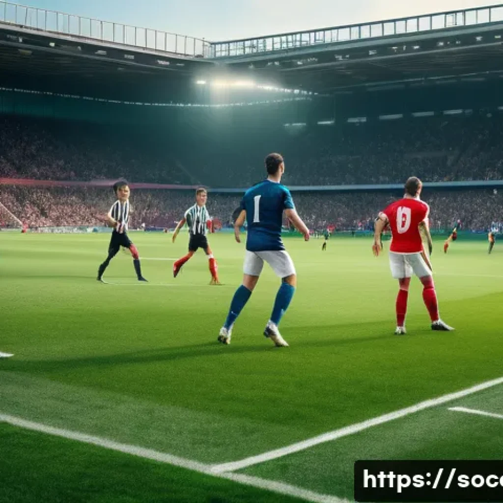 축구 오프사이드 규칙 설명 - A dynamic, realistic photograph of a critical moment in a football match. An athletic male forward, ...