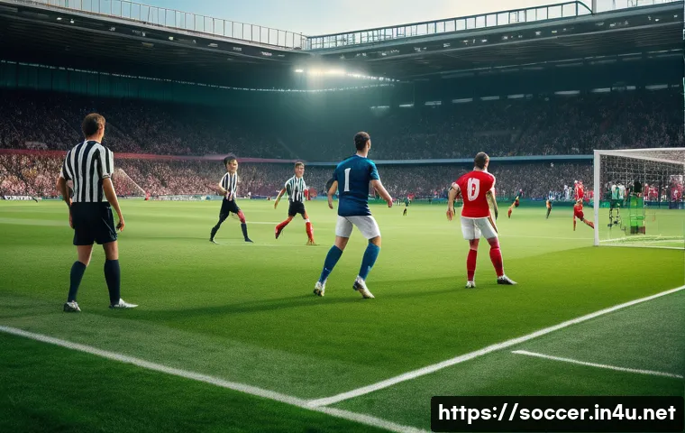 축구 오프사이드 규칙 설명 - A dynamic, realistic photograph of a critical moment in a football match. An athletic male forward, ...