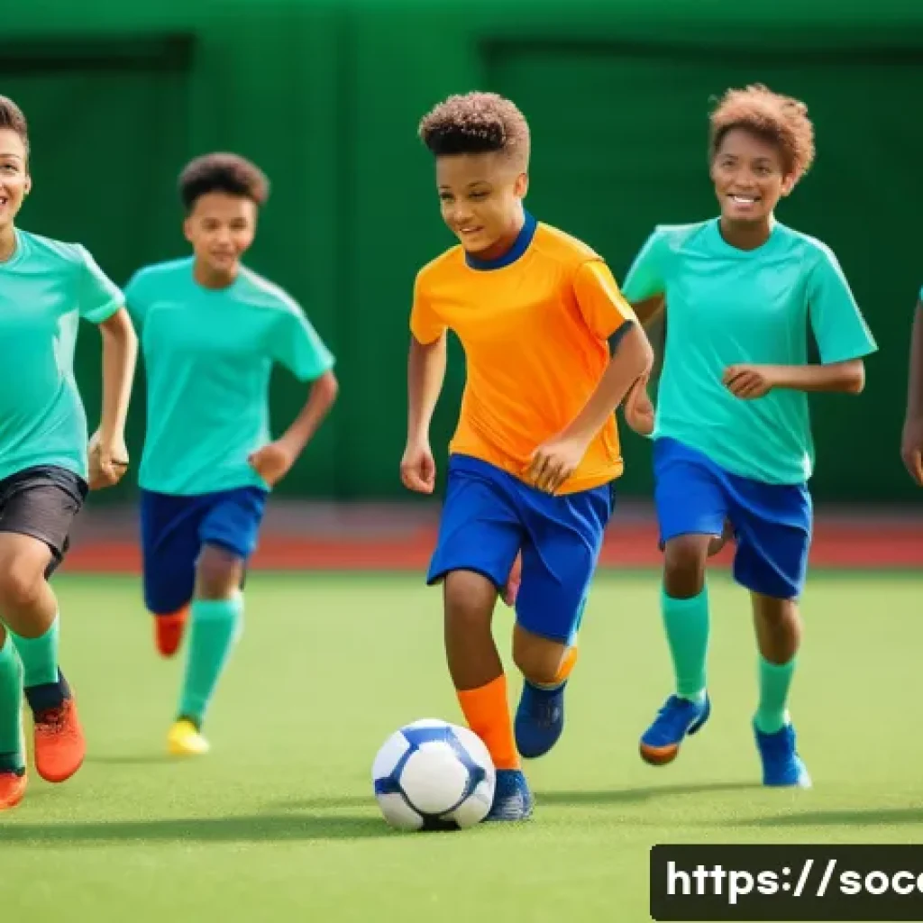 축구 드릴 게임 아이디어 - A diverse group of young adult football players, both male and female, wearing vibrant and appropria...