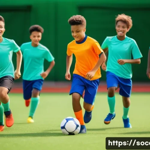 Home 15 축구 드릴 게임 아이디어 - A diverse group of young adult football players, both male and female, wearing vibrant and appropria...