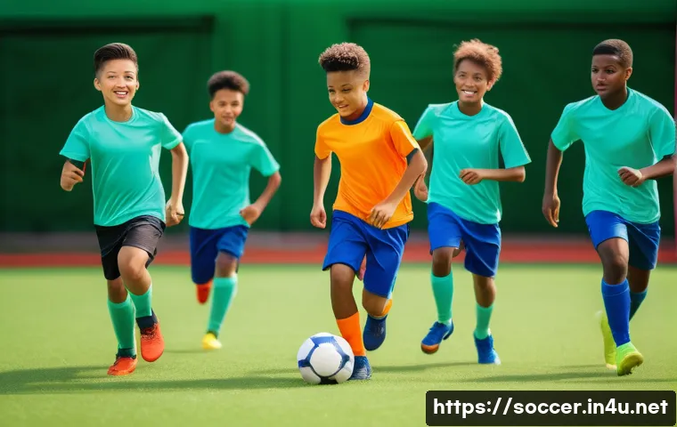 축구 드릴 게임 아이디어 - A diverse group of young adult football players, both male and female, wearing vibrant and appropria...